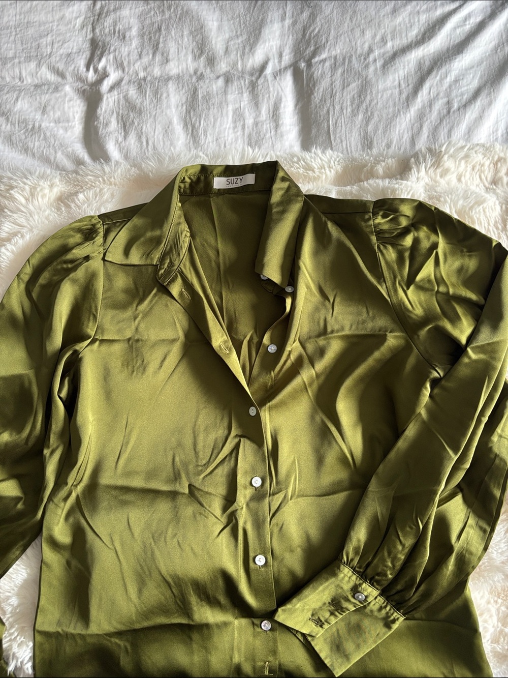 Suzy Shier Olive Green Satin Button-Down Shirt